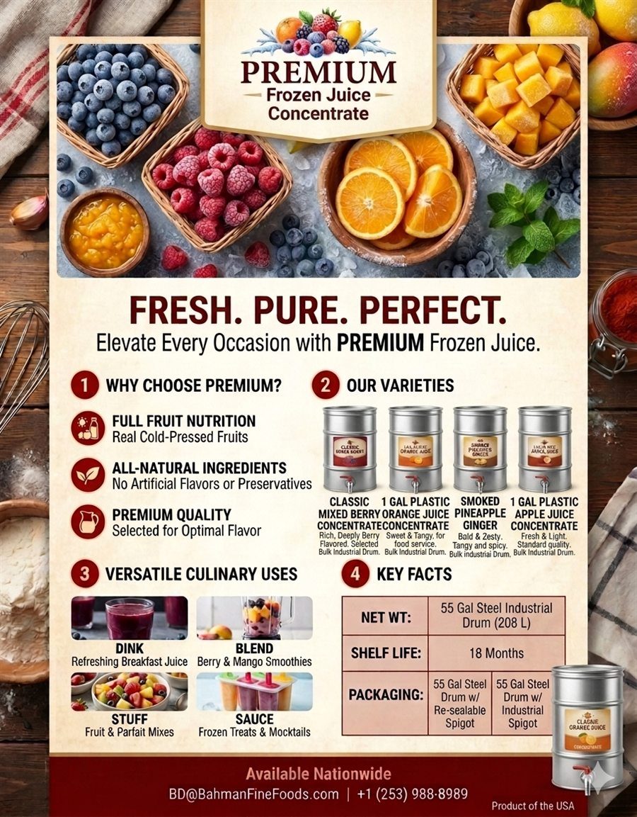 Premium frozen juice concentrates in assorted fruit flavors