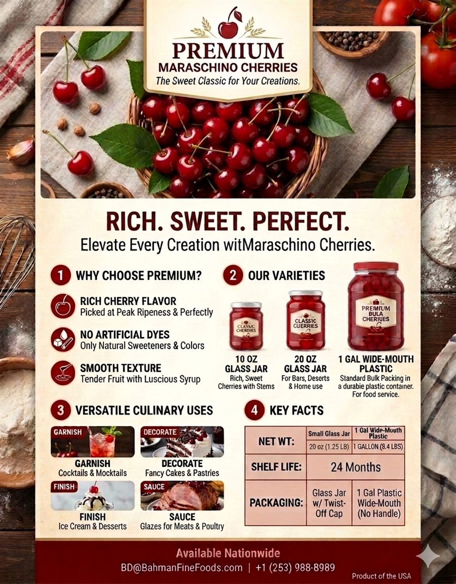 Premium maraschino cherries for desserts, drinks and foodservice